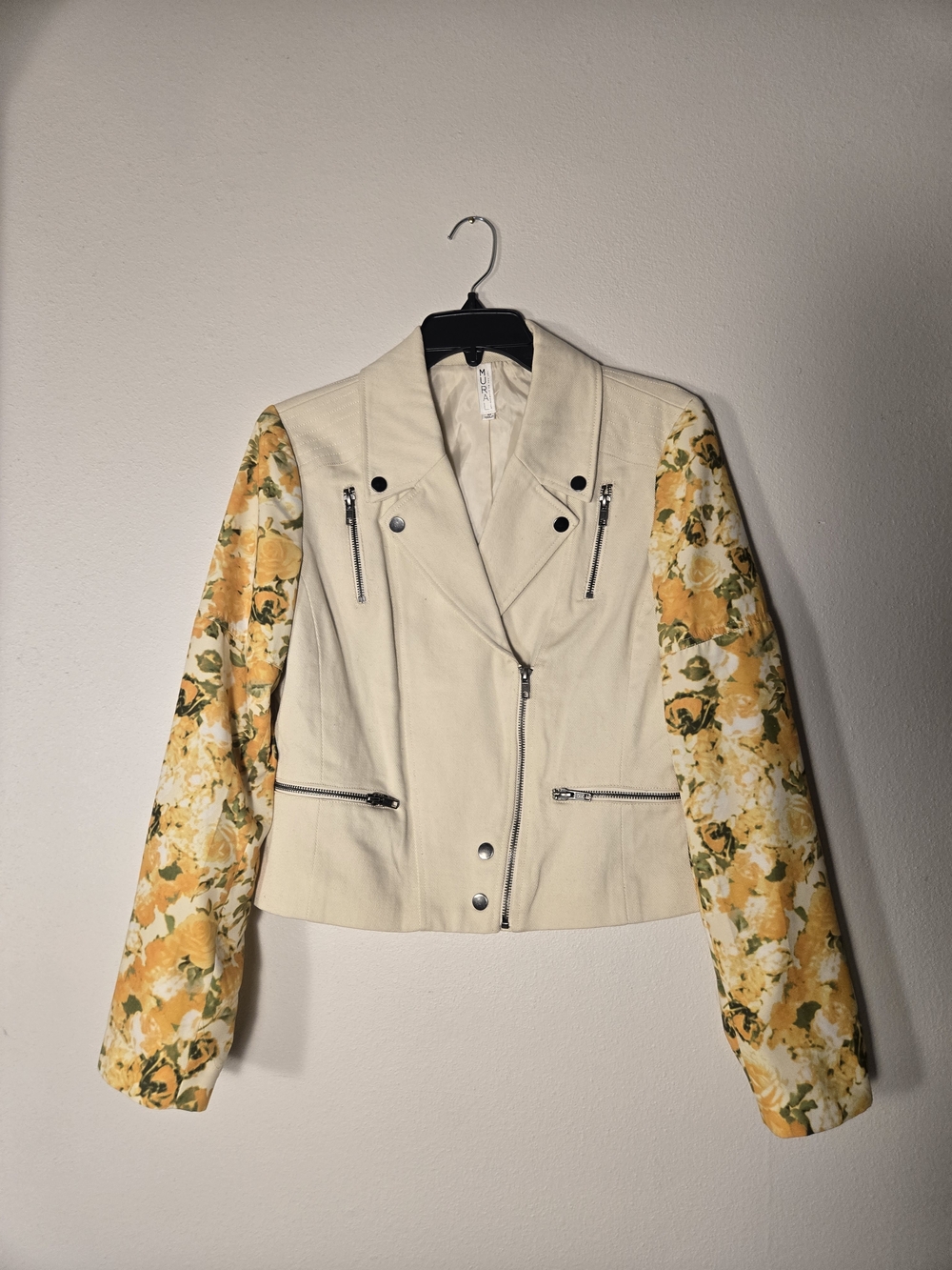 Mural Cream Moto Jacket with Yellow Floral Sleeves